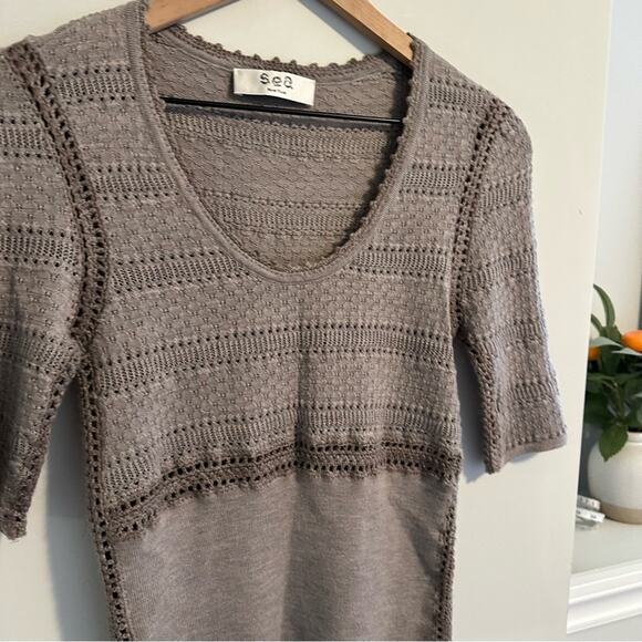 SEA New York Taupe Tan Brown Merino Wool Sweater Knit Top XS - Picture 8 of 11